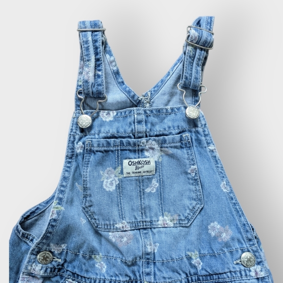 5T Oshkosh B'Gosh Blue Denim Overall Shorts with PrinteD Flowers and Butterflies - Picture 2 of 4